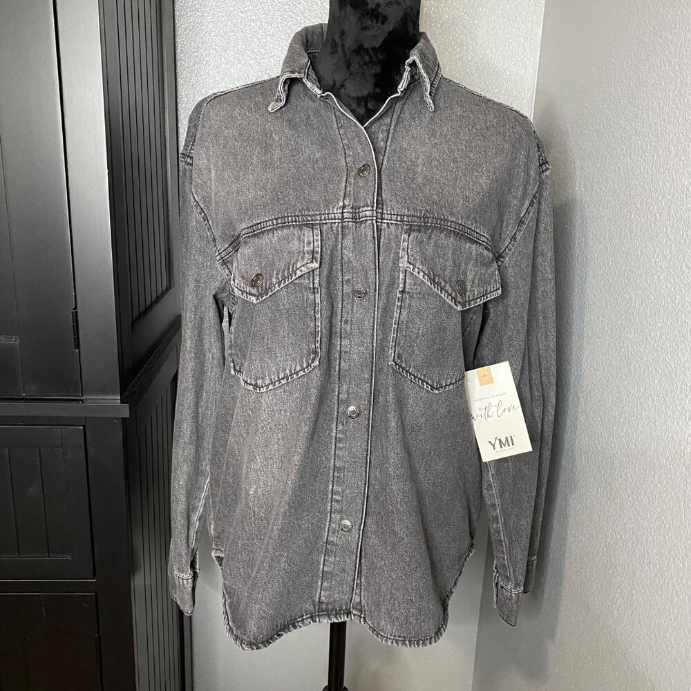 YMI Denim Shirt Women’s Medium Acid Wash Long Sleeve Grunge Streetwear Y2K 90’s